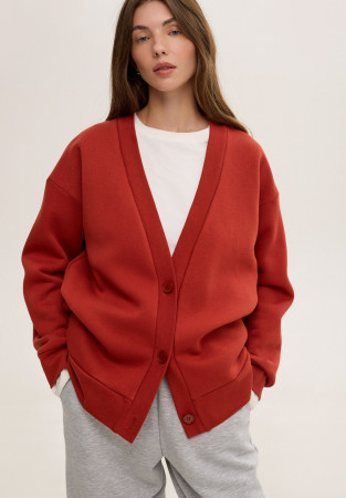 Red ochre color three-thread insulated cardigan